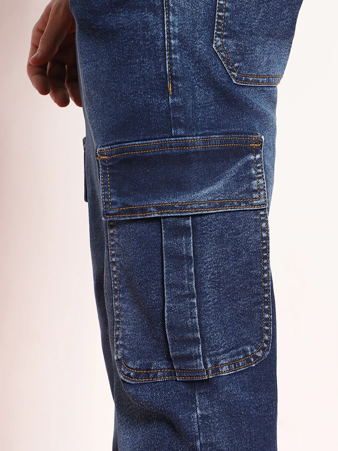 Men's Dark Blue Regular Fit Washed Cargo Jeans With 6 Pockets Stretchable - Image 5