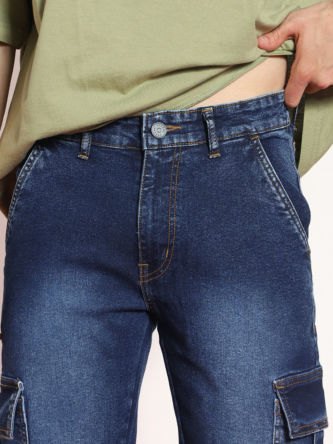 Men's Dark Blue Regular Fit Washed Cargo Jeans With 6 Pockets Stretchable - Image 6
