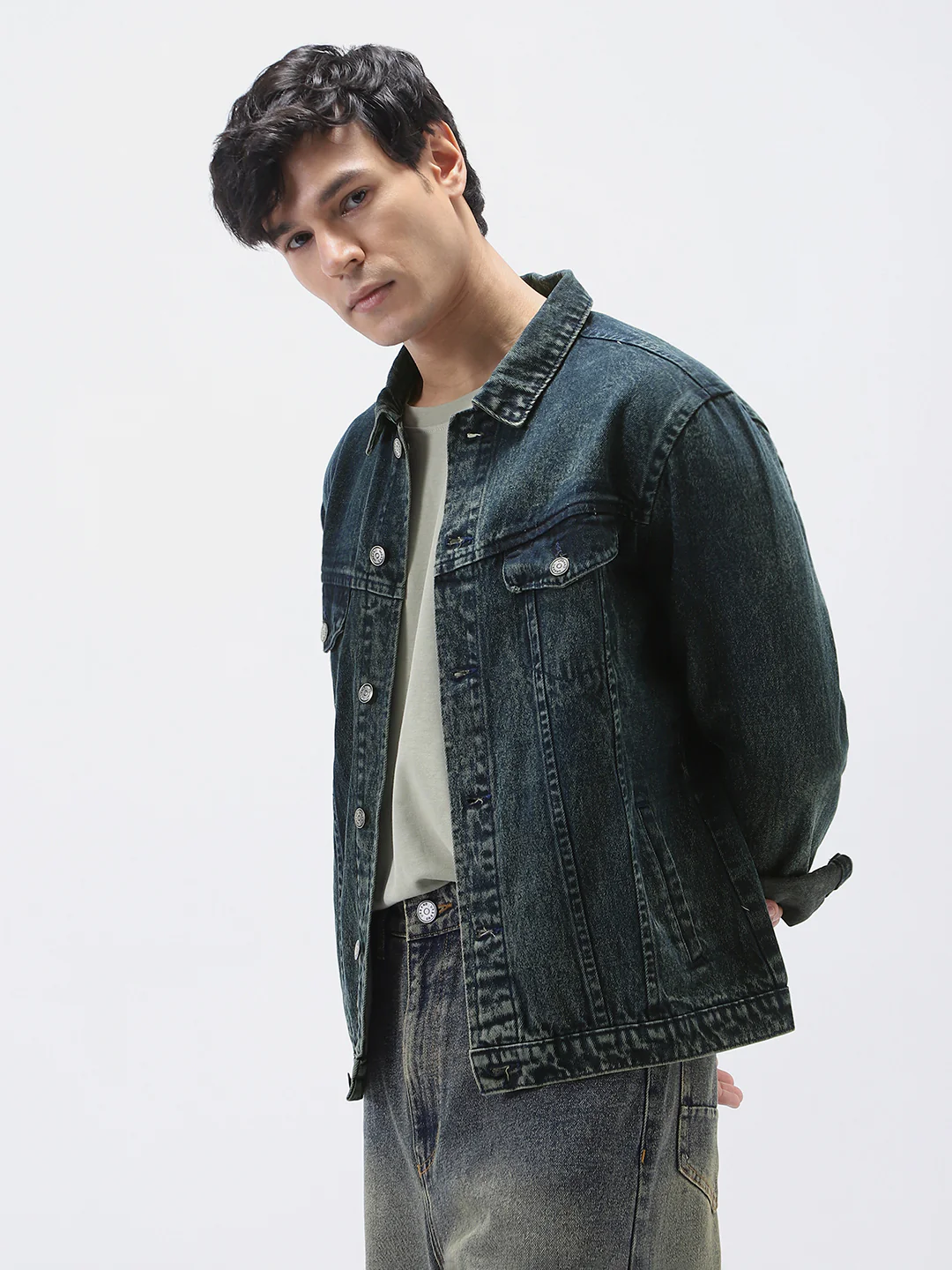 Men's Dark Blue Regular Fit Washed Full Sleeve Denim Jacket - Image 2