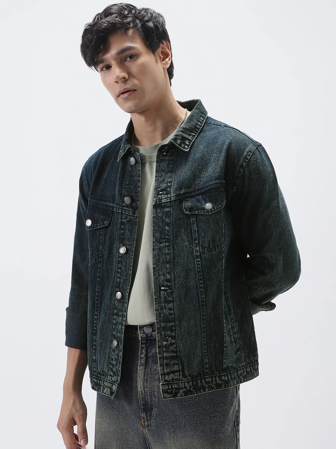Men's Dark Blue Regular Fit Washed Full Sleeve Denim Jacket - Image 3