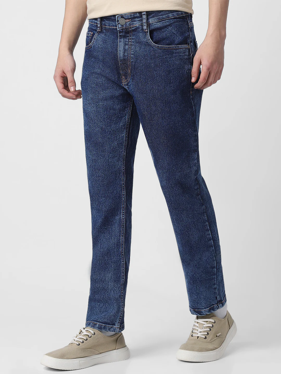 Men's Dark Blue Regular Fit Washed Jeans Stretchable - Image 3