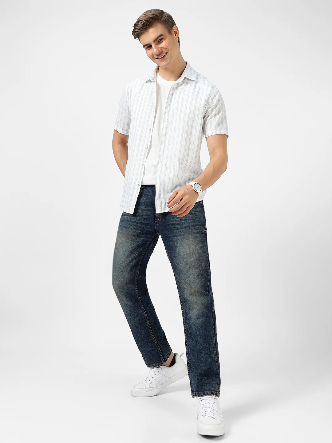 Men's Dark Blue Regular Fit Washed Jeans Stretchable - Image 4