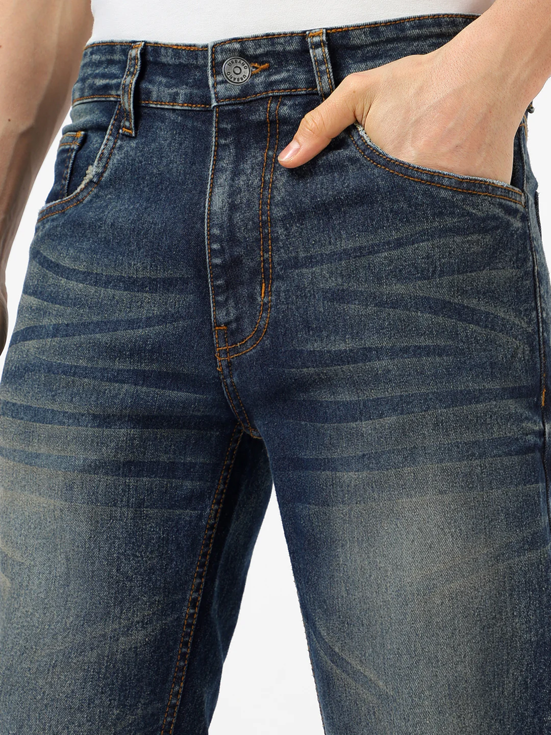Men's Dark Blue Regular Fit Washed Jeans Stretchable - Image 5