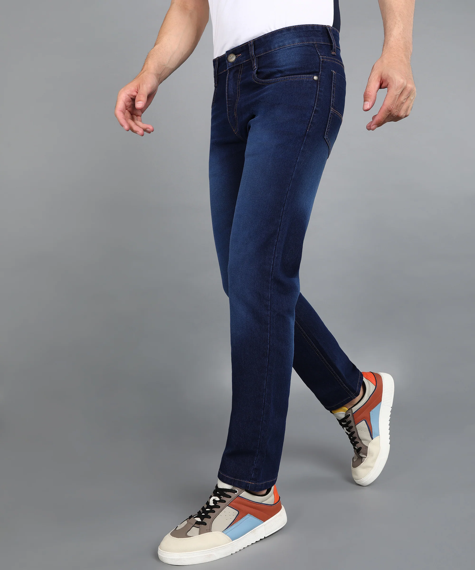 Men's Dark Blue Regular Fit Washed Jeans Stretchable - Image 2