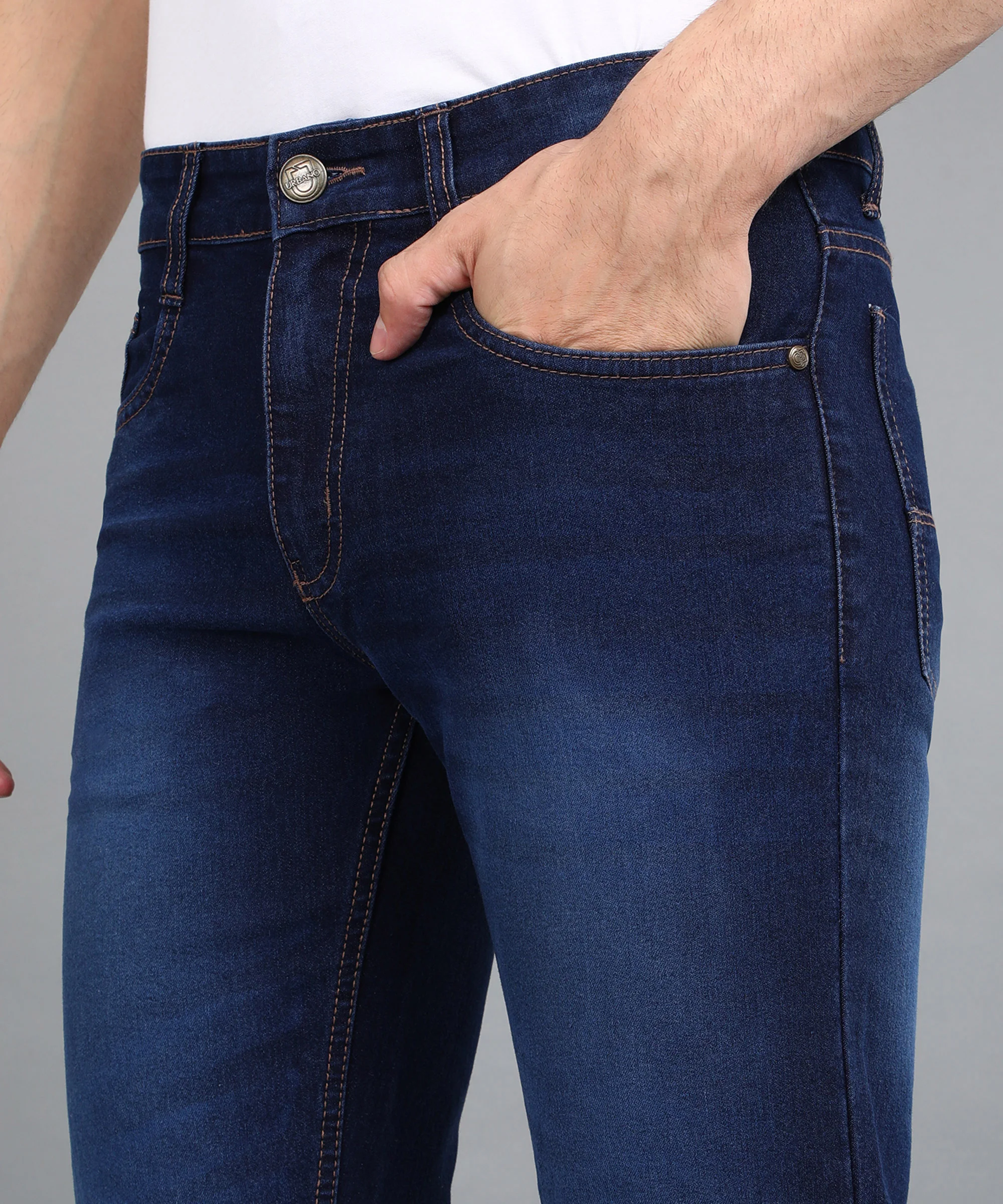 Men's Dark Blue Regular Fit Washed Jeans Stretchable - Image 5
