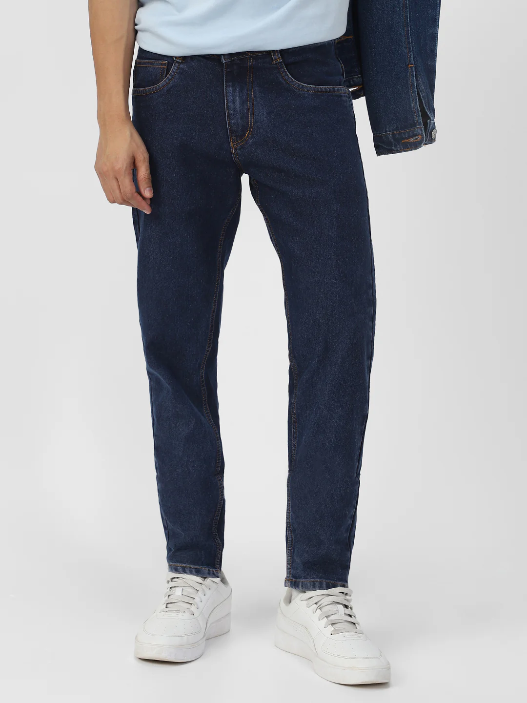 Men's Dark Blue Regular Fit Washed Jeans Stretchable - Image 2