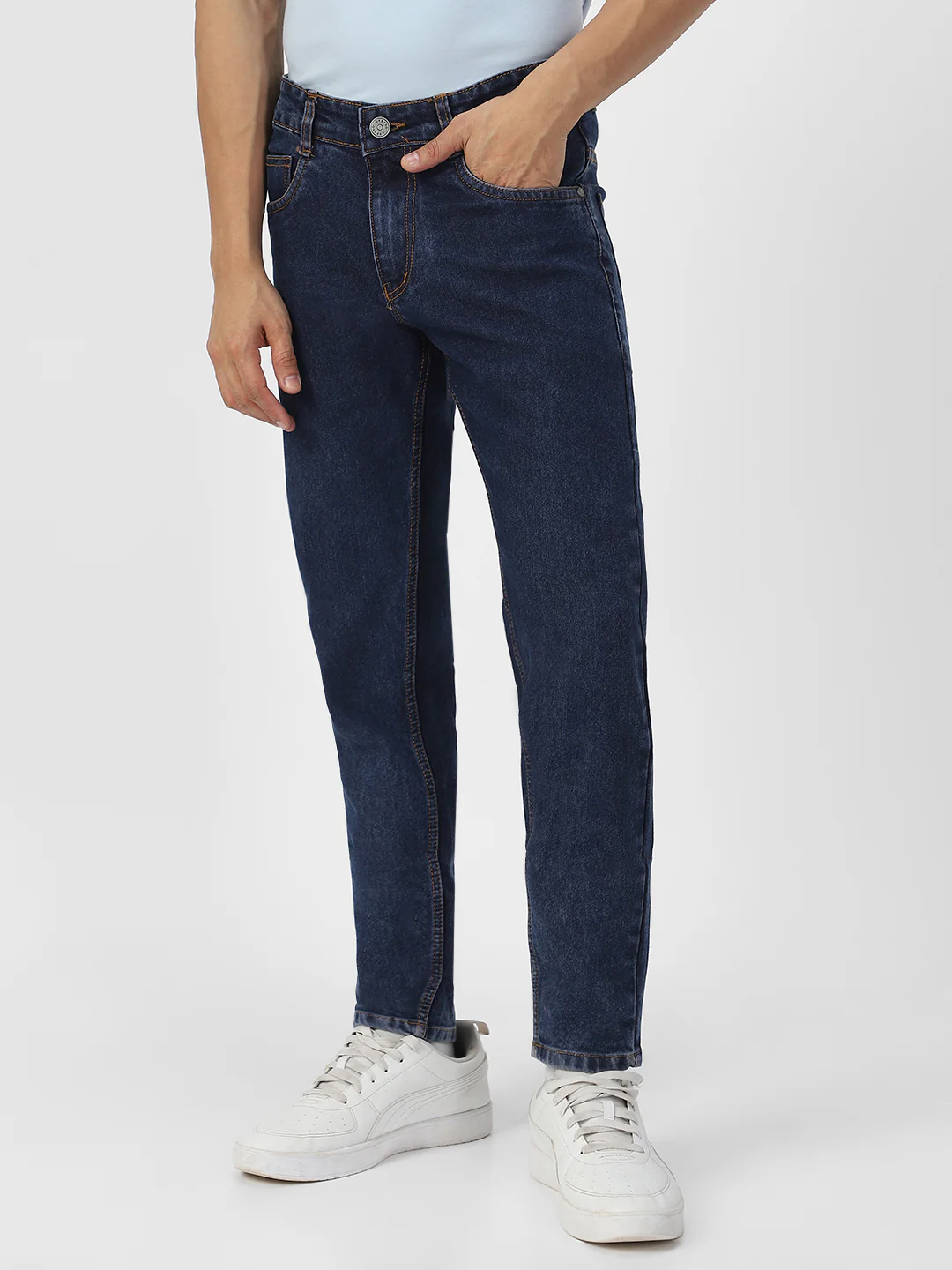 Men's Dark Blue Regular Fit Washed Jeans Stretchable - Image 3