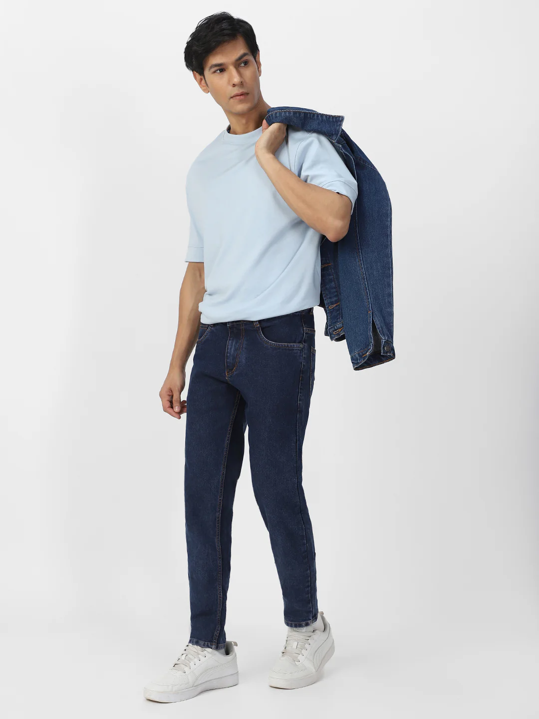 Men's Dark Blue Regular Fit Washed Jeans Stretchable - Image 5