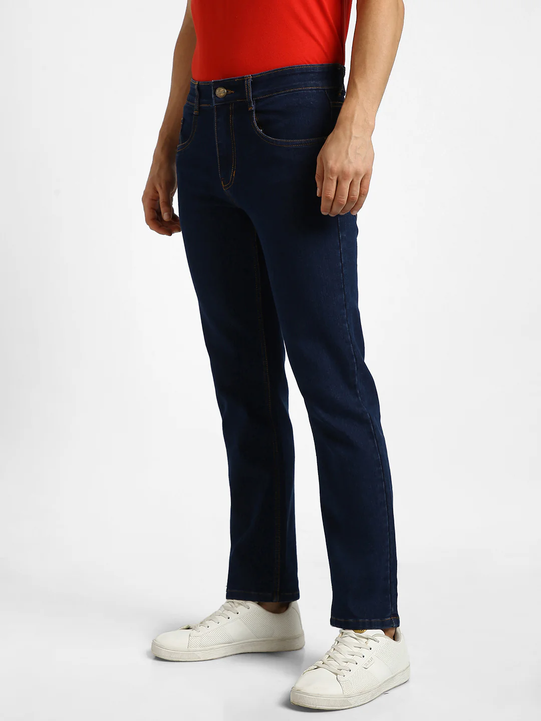 Men's Dark Blue Regular Fit Washed Jeans Stretchable - Image 3