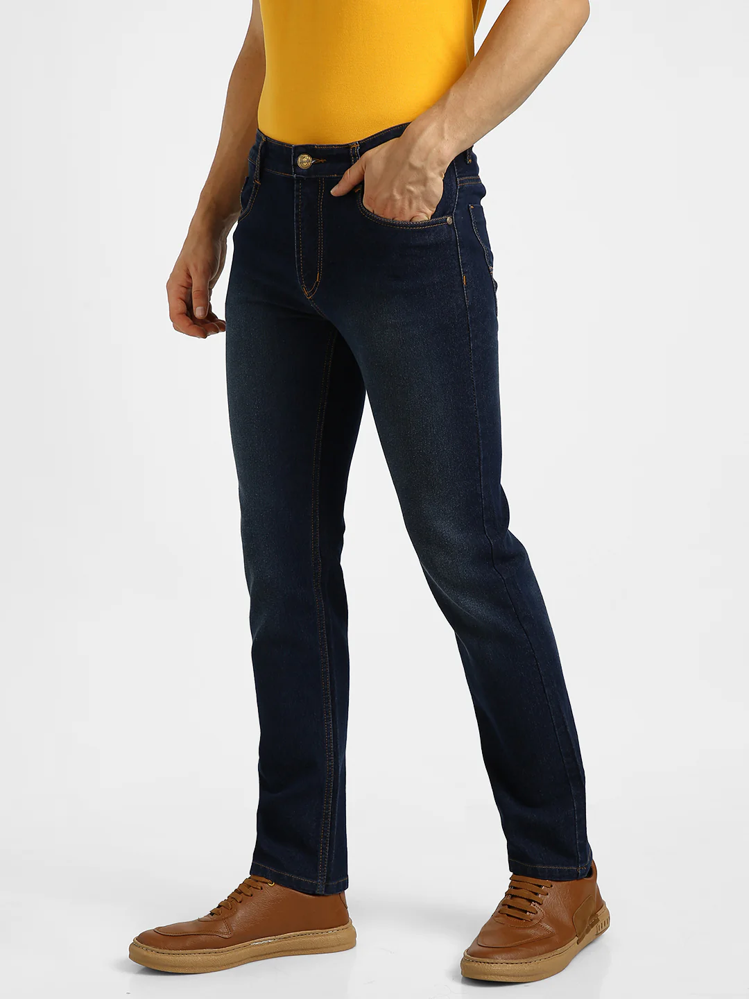 Men's Dark Blue Regular Fit Washed Jeans Stretchable - Image 2