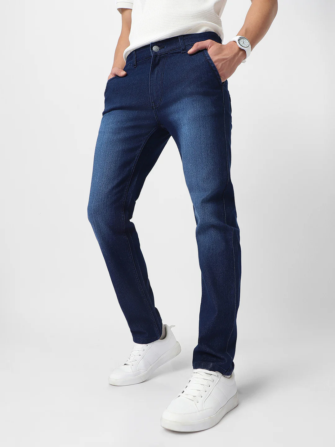 Men's Dark Blue Regular Fit Washed Jeans Stretchable - Image 2