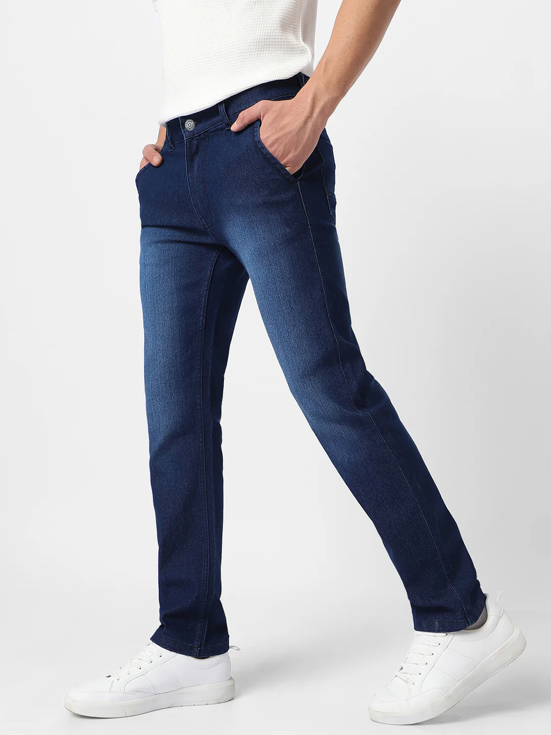 Men's Dark Blue Regular Fit Washed Jeans Stretchable - Image 3