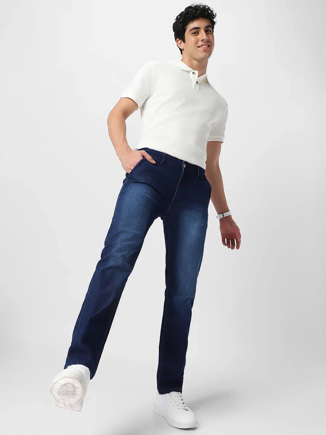 Men's Dark Blue Regular Fit Washed Jeans Stretchable - Image 5