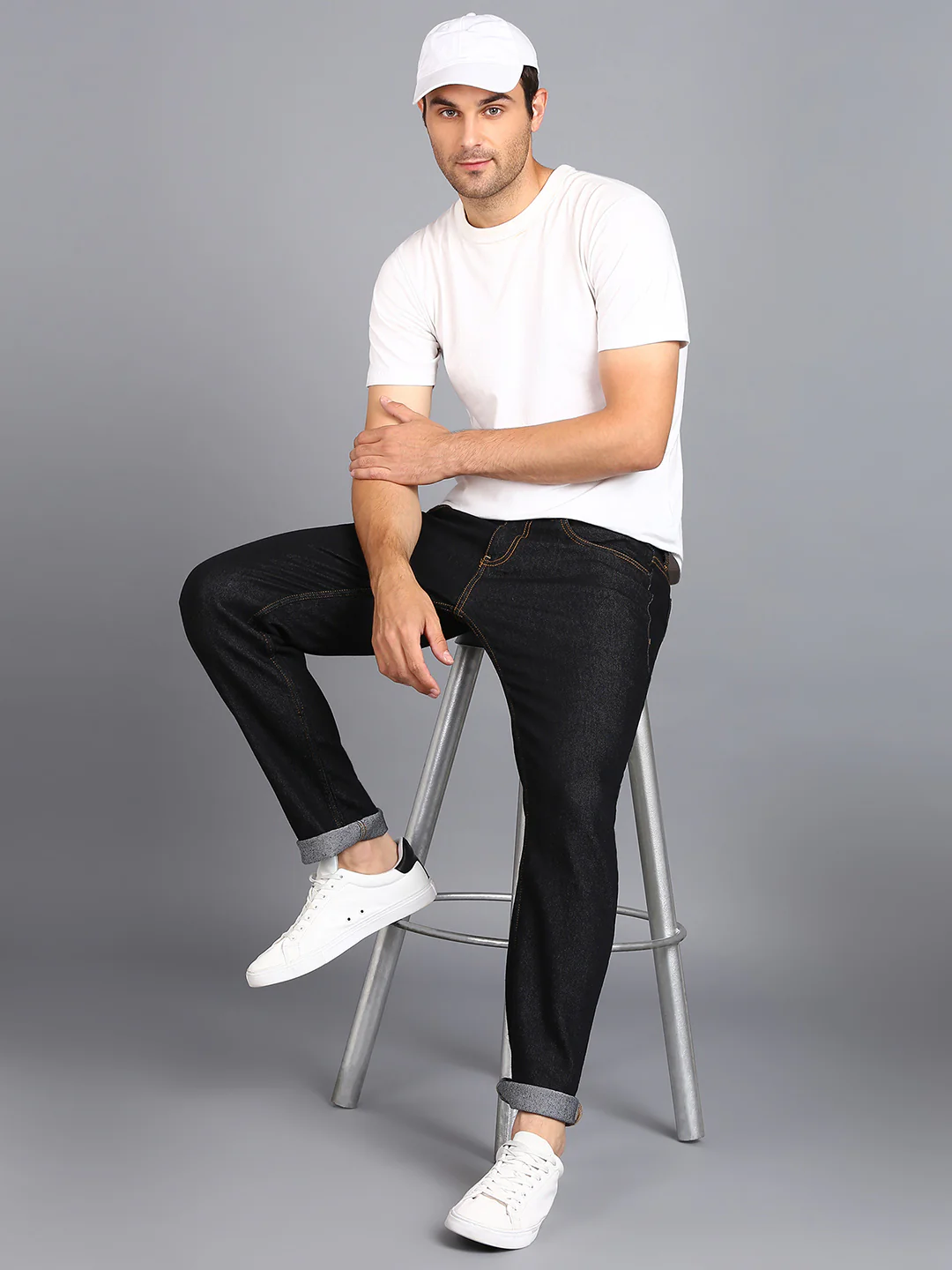Men's Dark Blue Regular Fit Washed Jeans Stretchable - Image 5