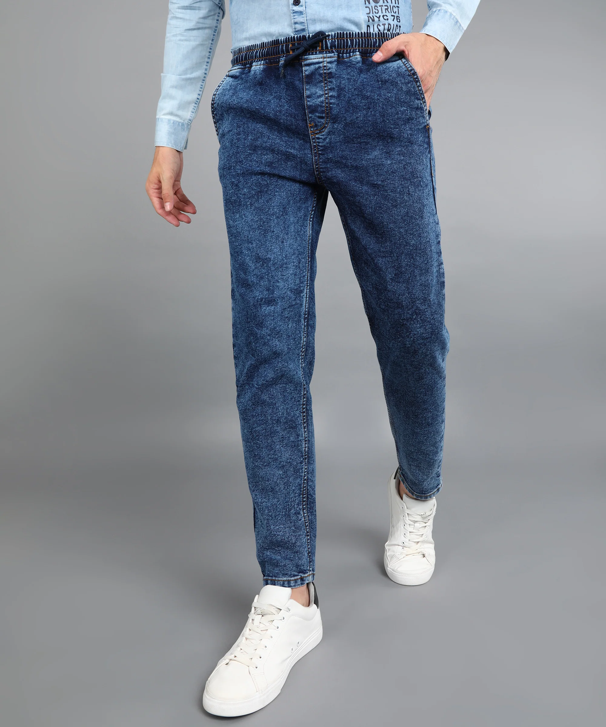 Men's Dark Blue Regular Fit Washed Jogger Jeans Stretchable - Image 2