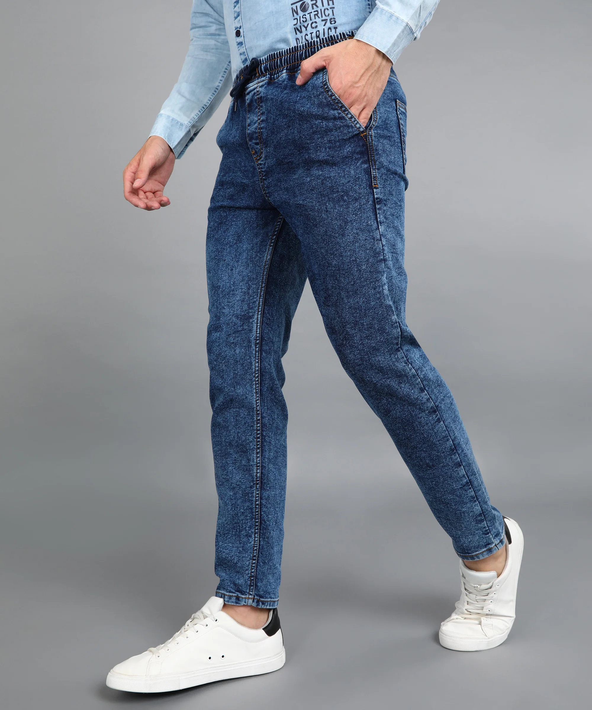 Men's Dark Blue Regular Fit Washed Jogger Jeans Stretchable - Image 3