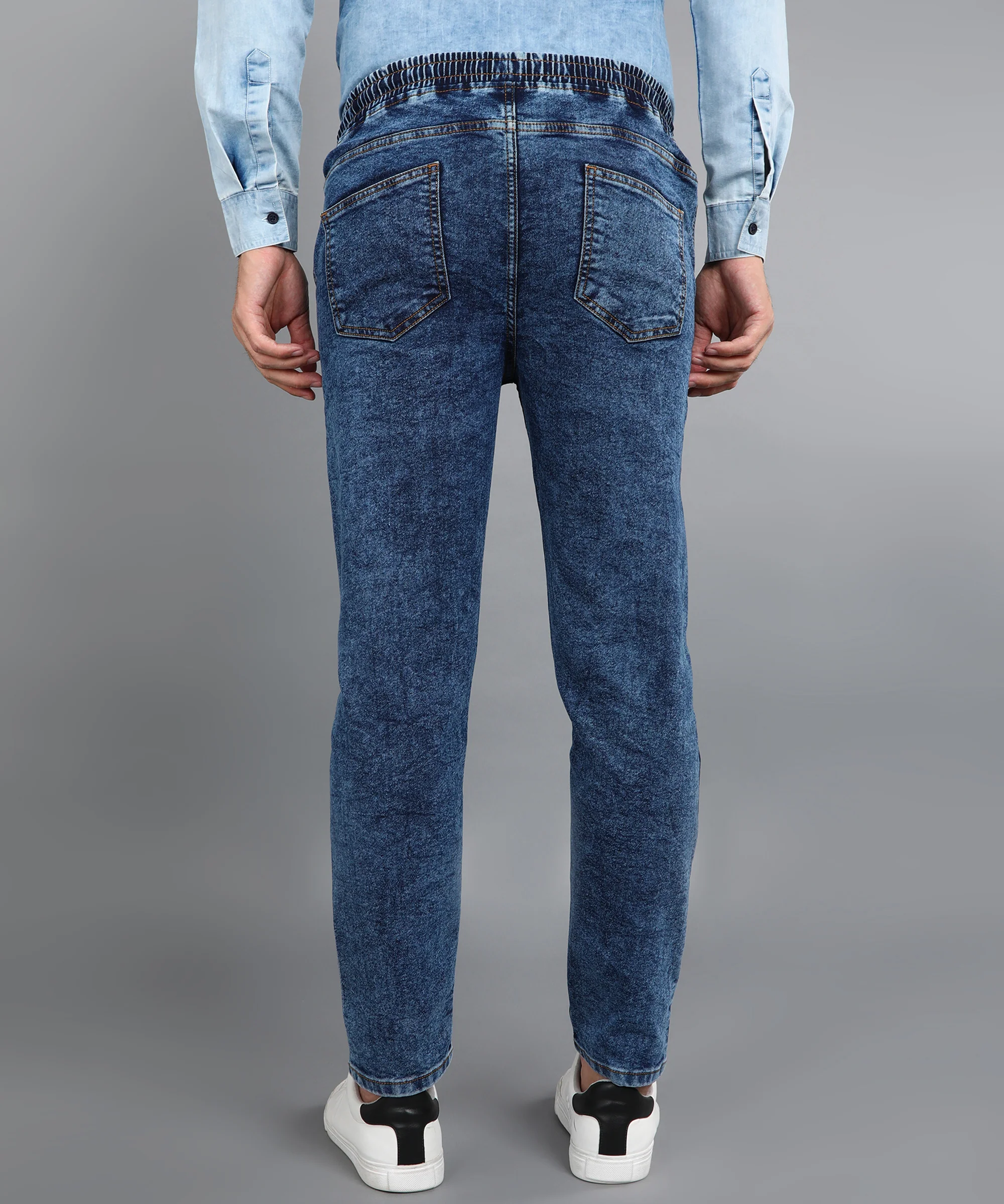 Men's Dark Blue Regular Fit Washed Jogger Jeans Stretchable - Image 4