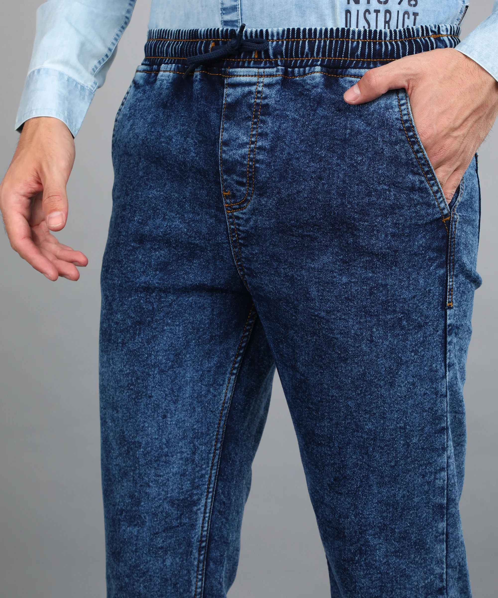 Men's Dark Blue Regular Fit Washed Jogger Jeans Stretchable - Image 6