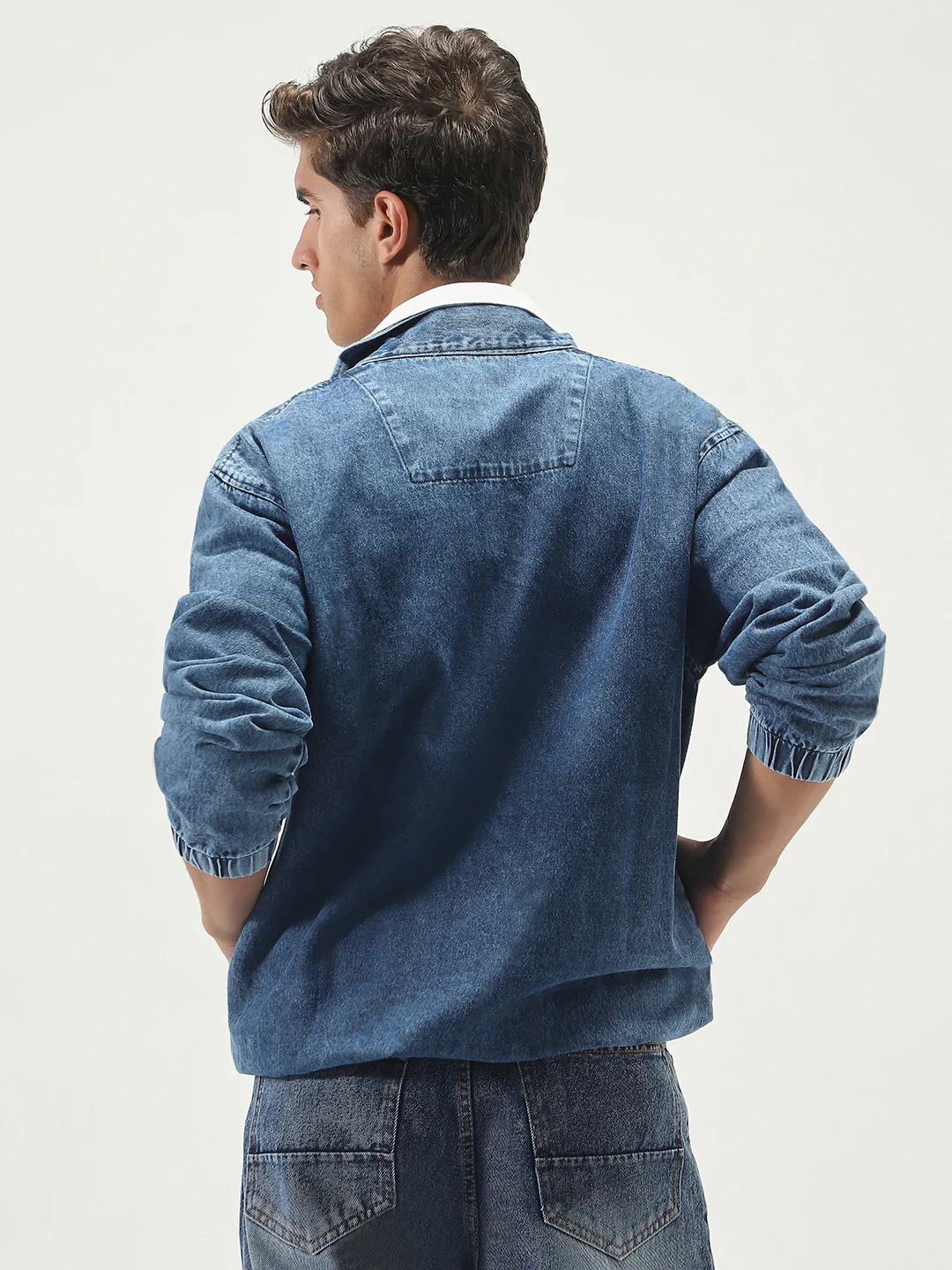 Men's Dark Blue Relaxed Fit Full Sleeve Harrington Denim Jacket - Image 3