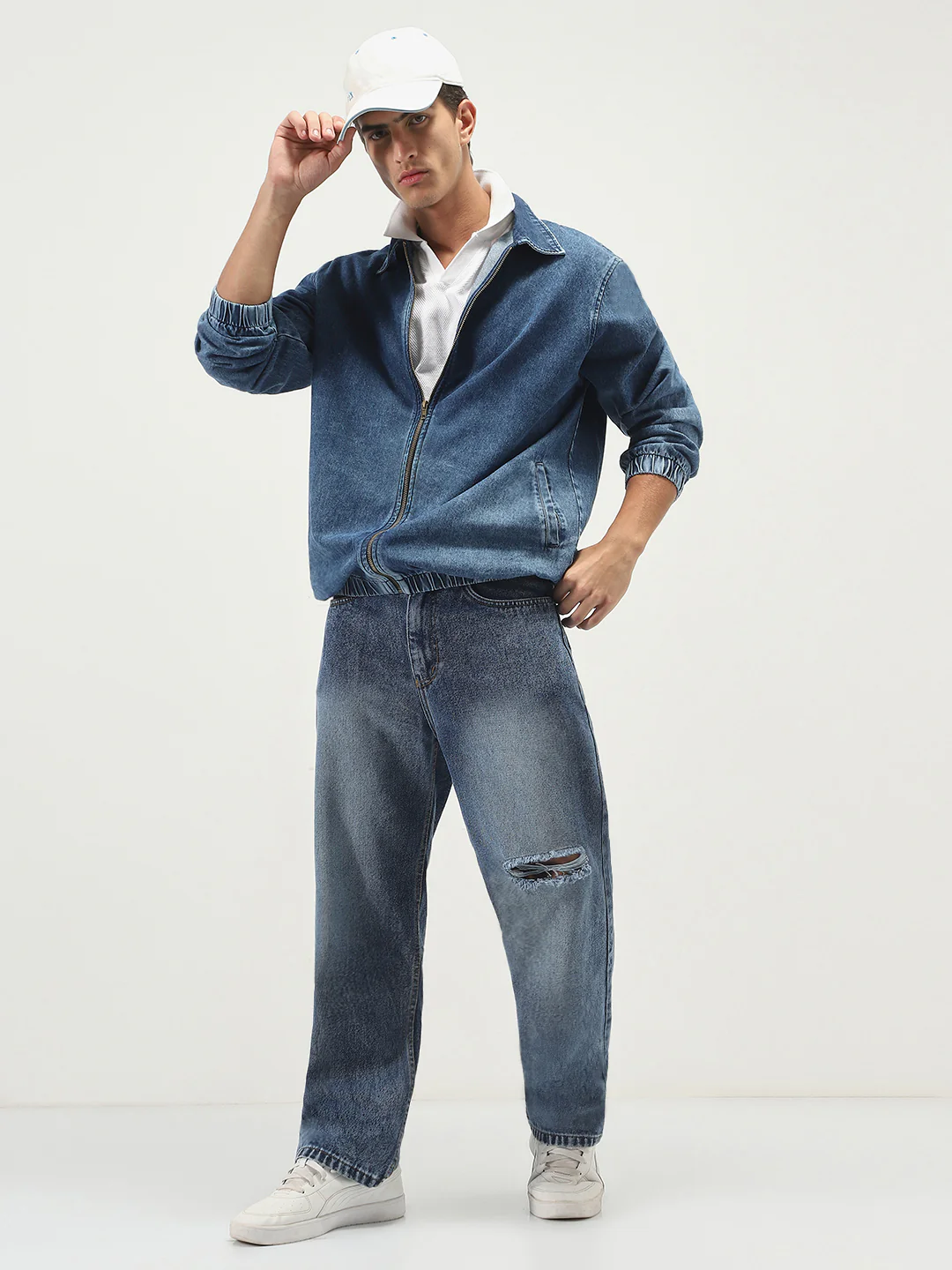 Men's Dark Blue Relaxed Fit Full Sleeve Harrington Denim Jacket - Image 4