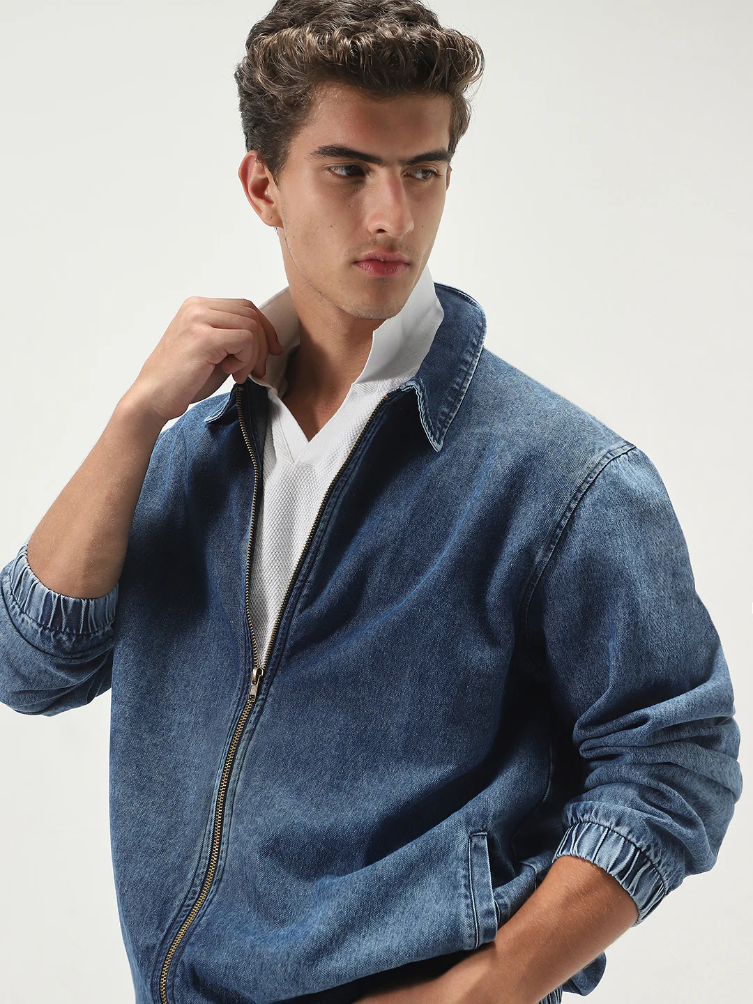 Men's Dark Blue Relaxed Fit Full Sleeve Harrington Denim Jacket - Image 5