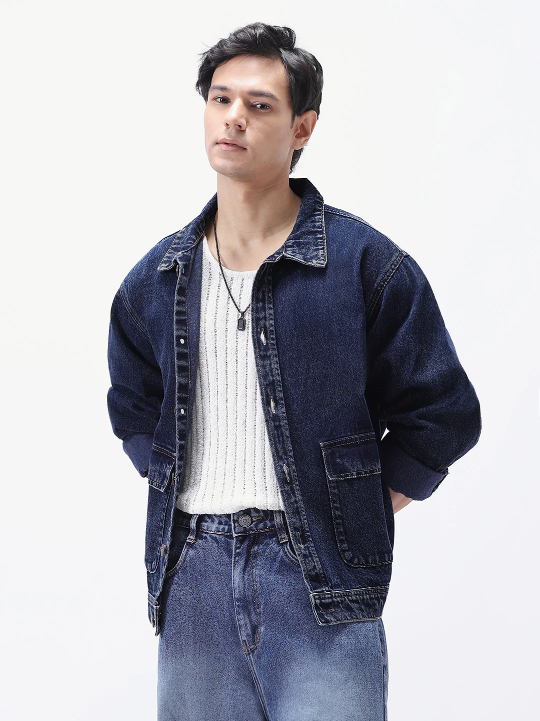 Men's Dark Blue Relaxed Fit Full Sleeve Utility Denim Jacket