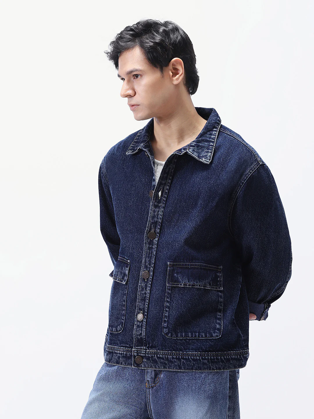 Men's Dark Blue Relaxed Fit Full Sleeve Utility Denim Jacket - Image 2