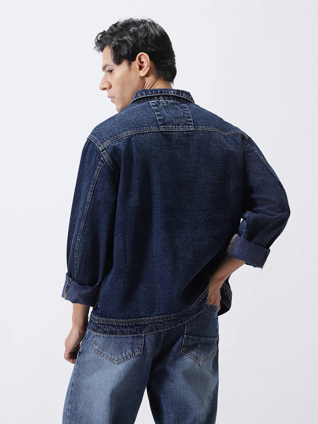Men's Dark Blue Relaxed Fit Full Sleeve Utility Denim Jacket - Image 3