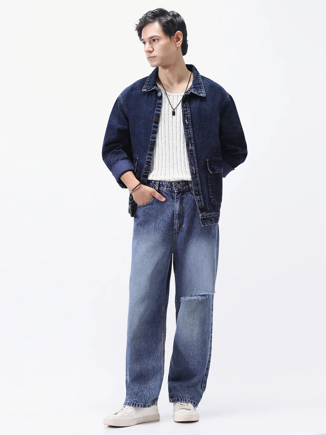 Men's Dark Blue Relaxed Fit Full Sleeve Utility Denim Jacket - Image 4