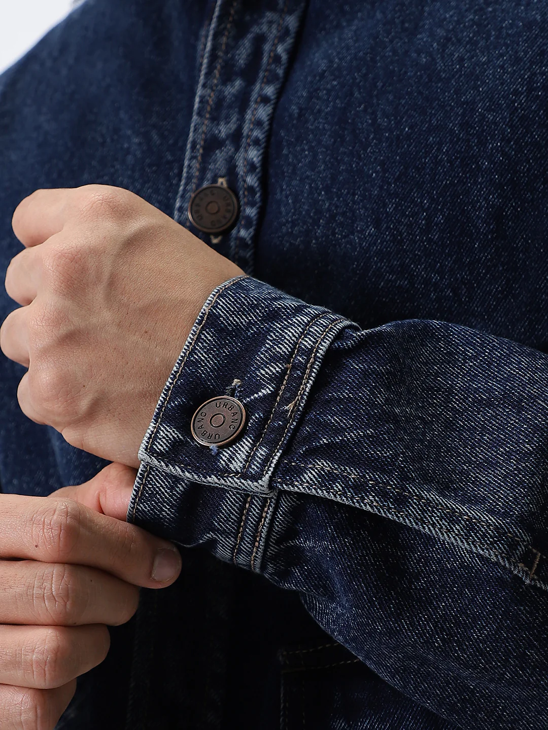 Men's Dark Blue Relaxed Fit Full Sleeve Utility Denim Jacket - Image 6