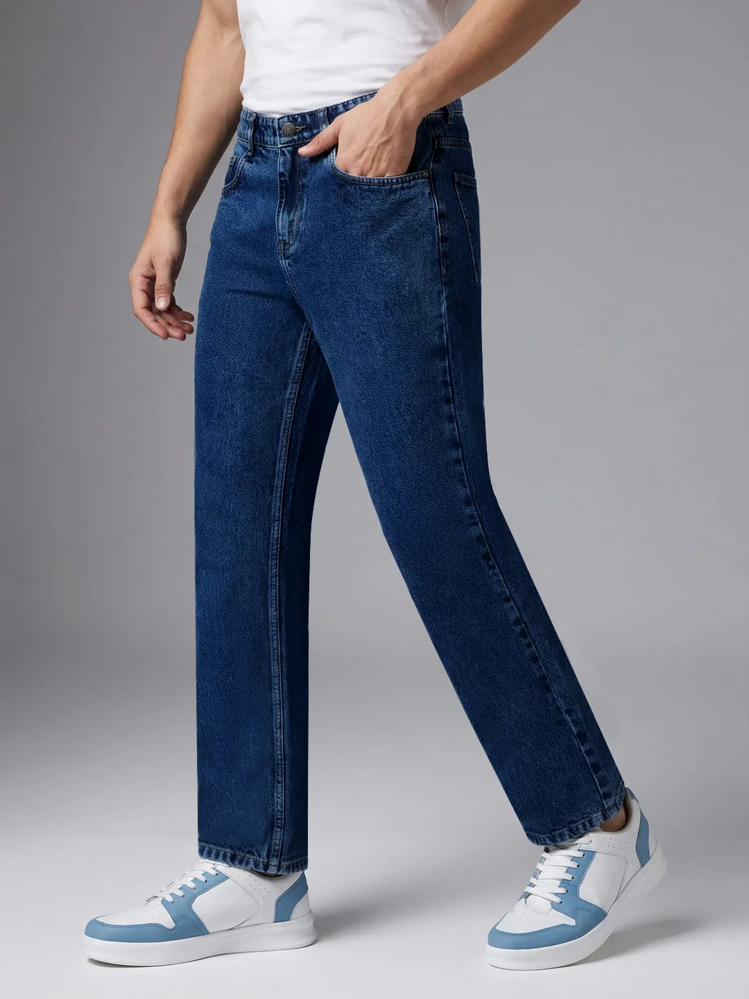 Men's Dark Blue Relaxed Fit Washed Denim Jeans Non-Stretchable - Image 2