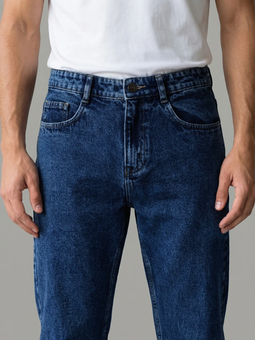 Men's Dark Blue Relaxed Fit Washed Denim Jeans Non-Stretchable - Image 5