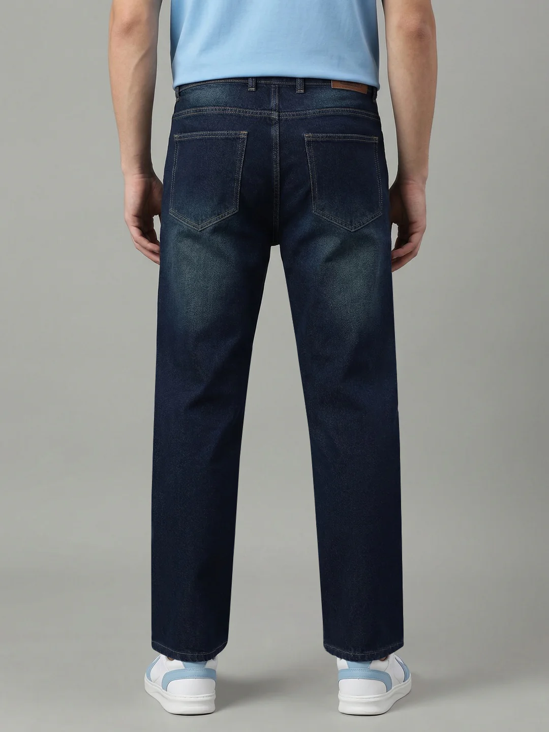 Men's Dark Blue Relaxed Fit Washed Denim Jeans Non-Stretchable - Image 3
