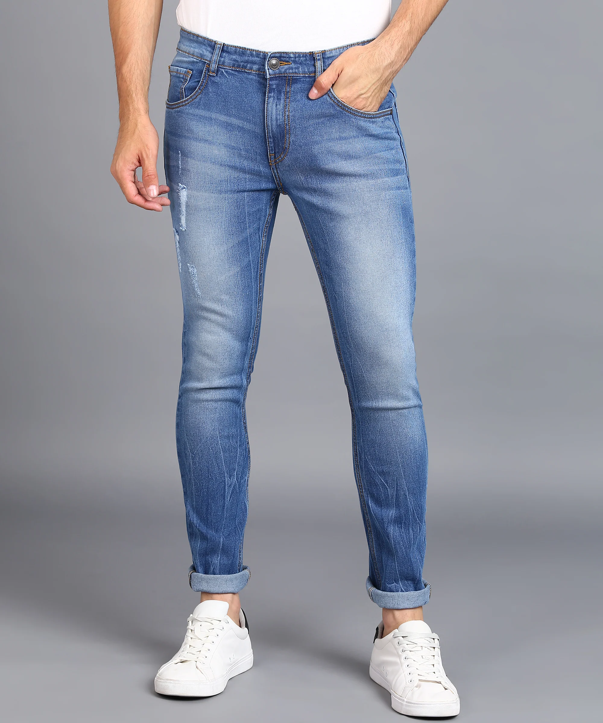 Men's Dark Blue Skinny Fit Washed Jeans Stretchable