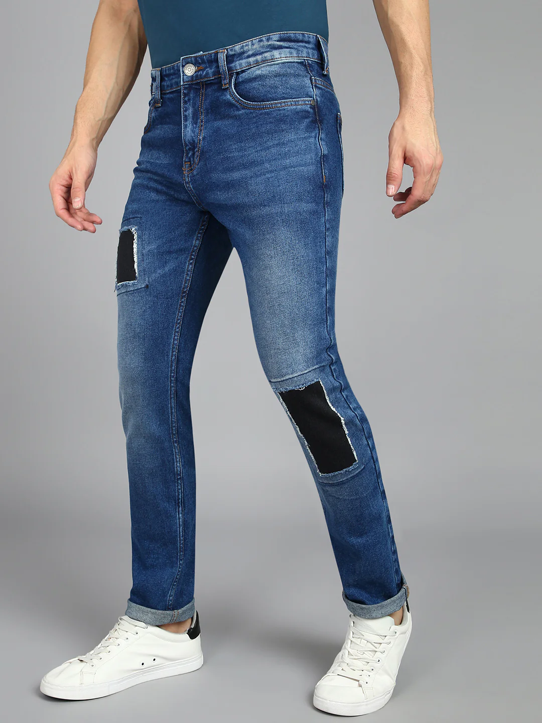 Men's Dark Blue Slim Fit Heavy Washed Patched Jeans Stretch - Image 2