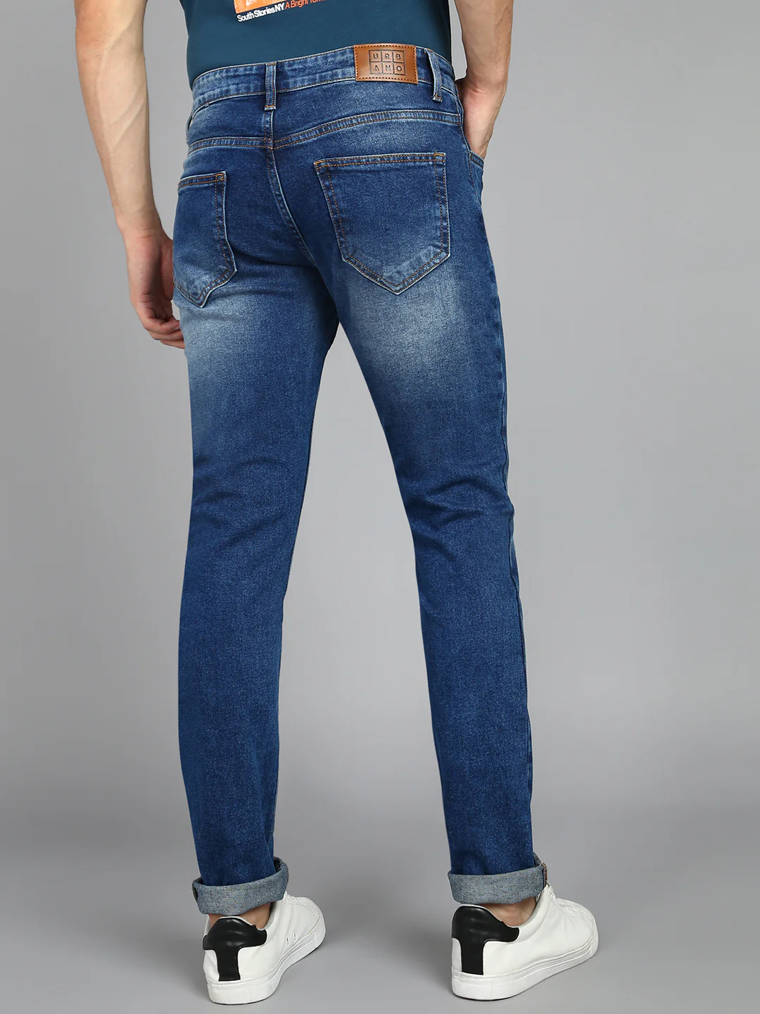 Men's Dark Blue Slim Fit Heavy Washed Patched Jeans Stretch - Image 3