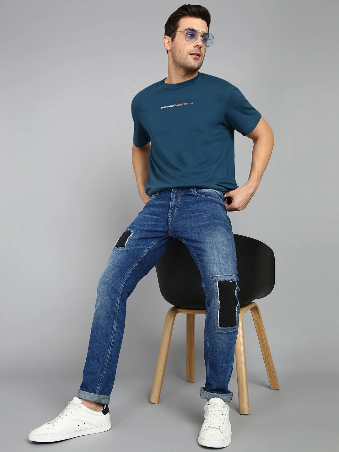 Men's Dark Blue Slim Fit Heavy Washed Patched Jeans Stretch - Image 4