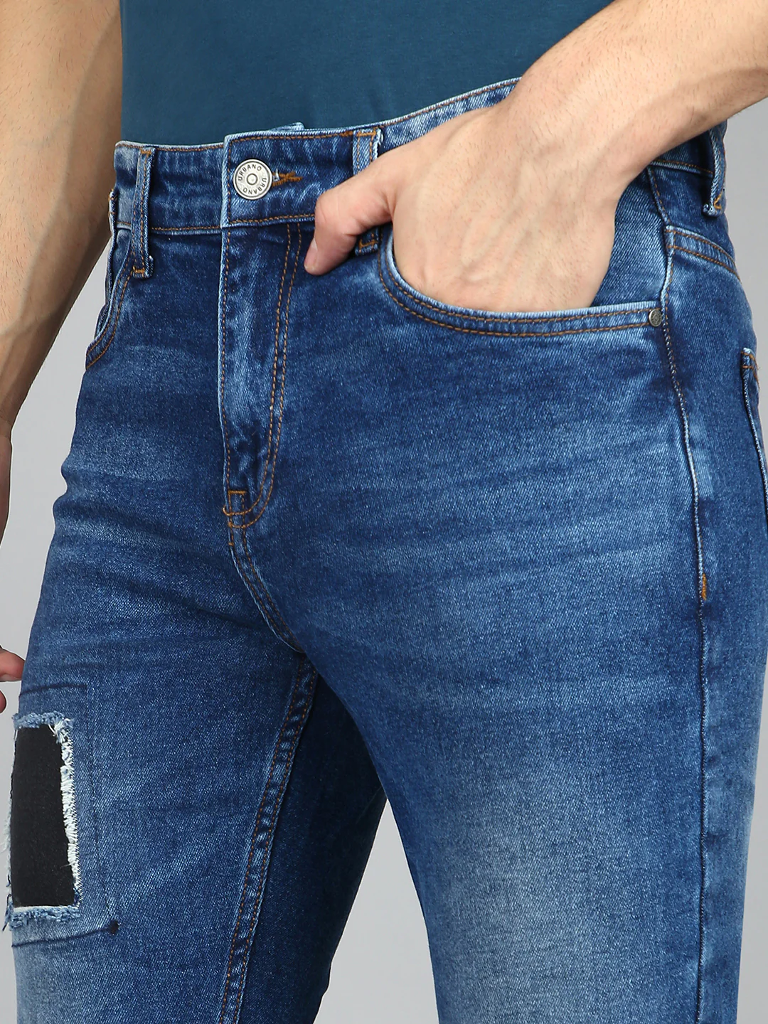 Men's Dark Blue Slim Fit Heavy Washed Patched Jeans Stretch - Image 5