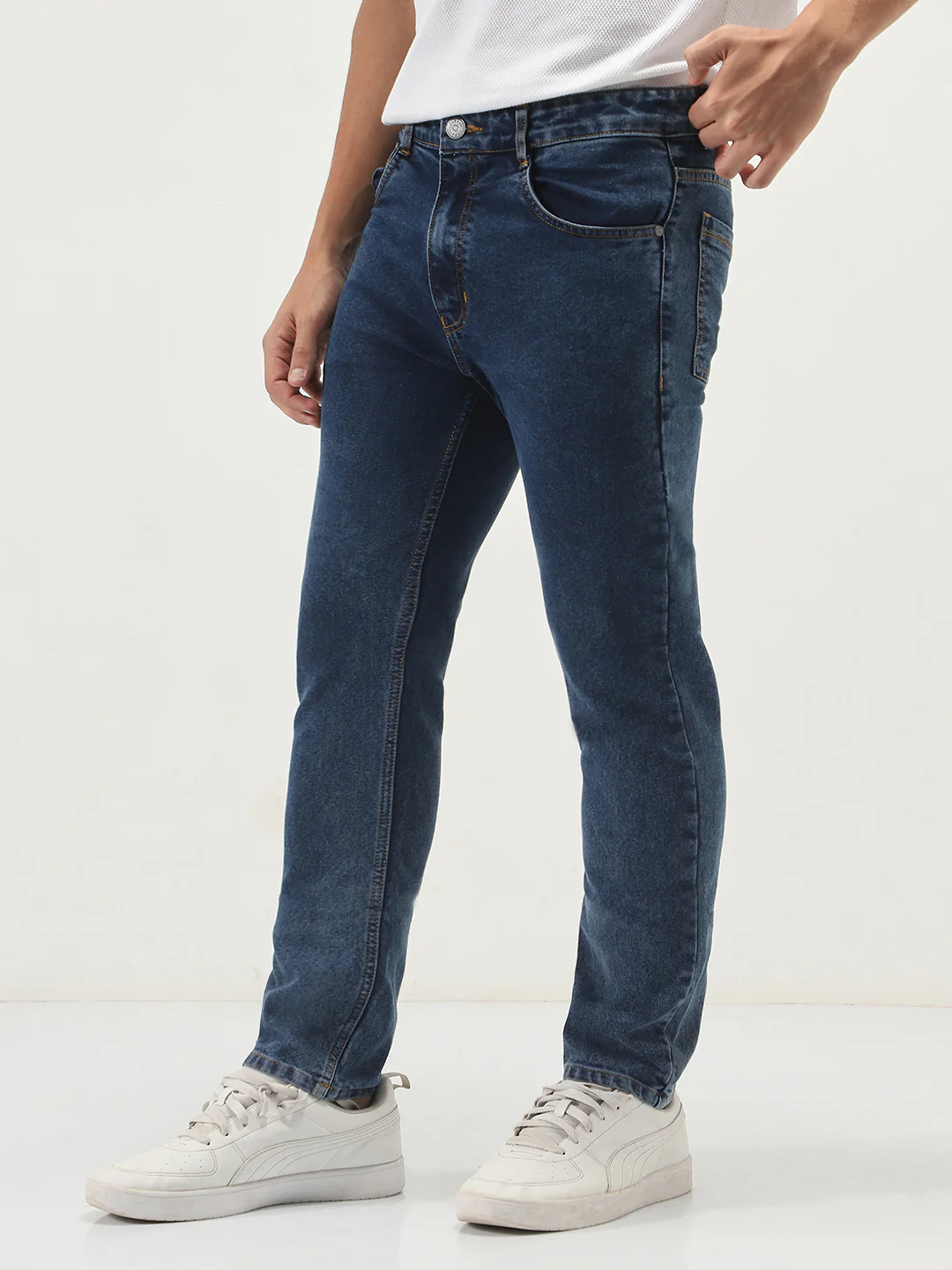 Men's Dark Blue Slim Fit Washed Denim Jeans Stretchable - Image 2