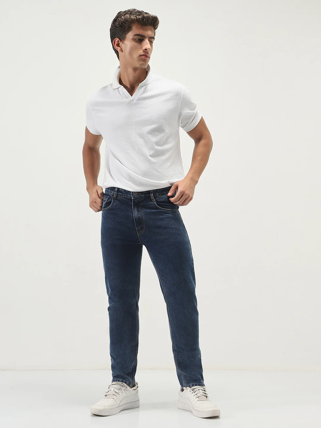 Men's Dark Blue Slim Fit Washed Denim Jeans Stretchable - Image 4