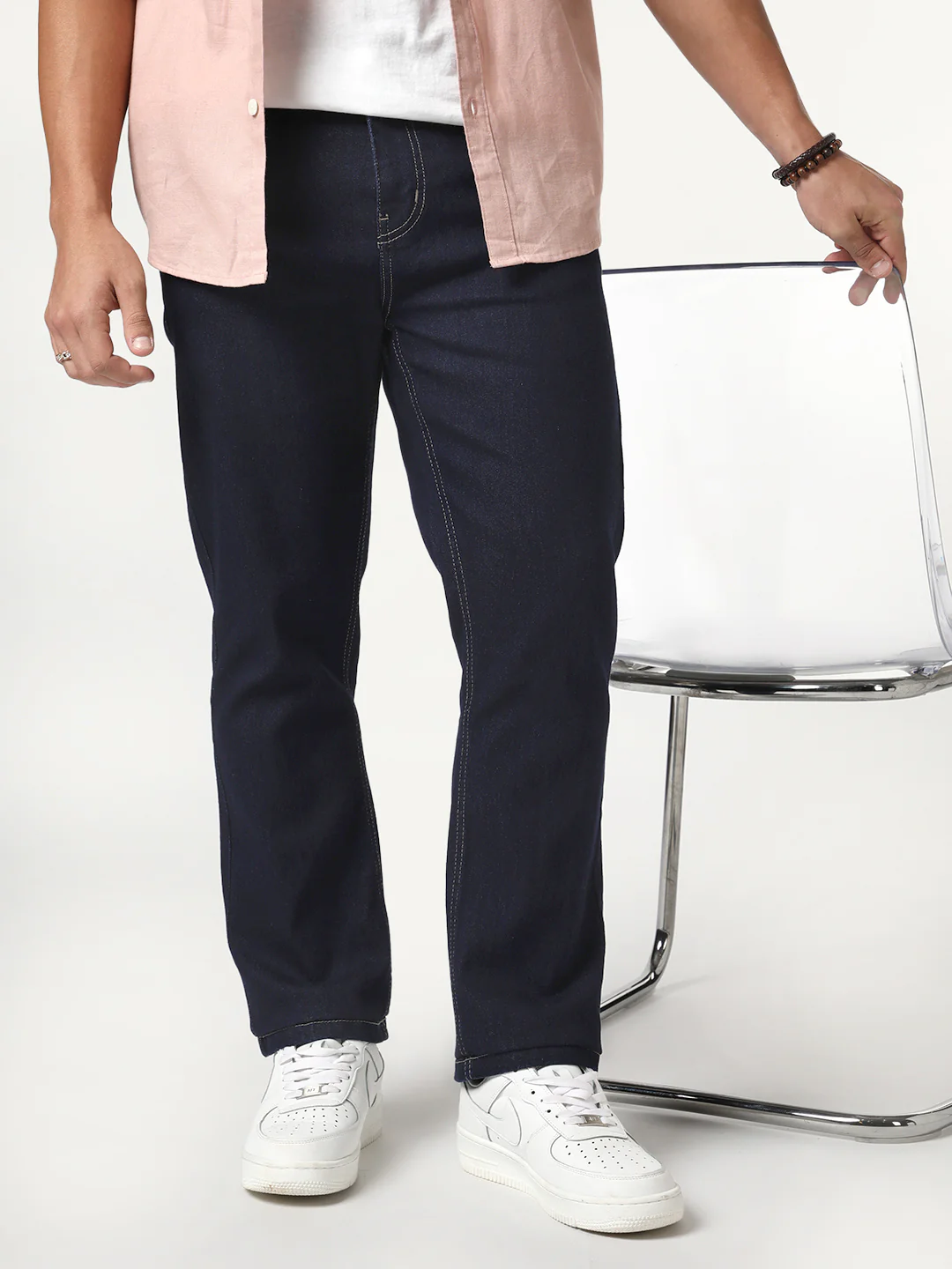 Men's Dark Blue Straight Fit Raw Washed Denim Jeans Stretchable