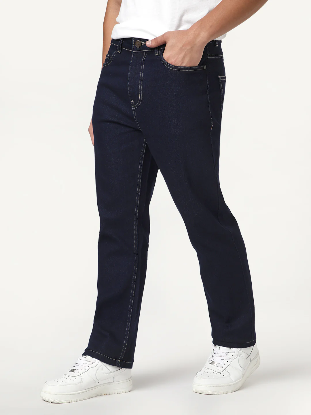 Men's Dark Blue Straight Fit Raw Washed Denim Jeans Stretchable - Image 2