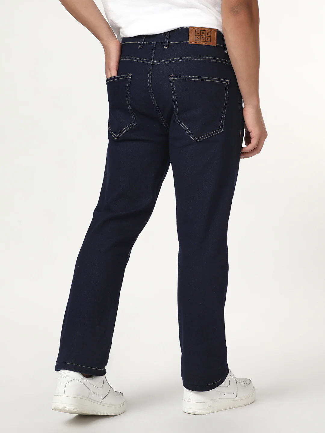 Men's Dark Blue Straight Fit Raw Washed Denim Jeans Stretchable - Image 3