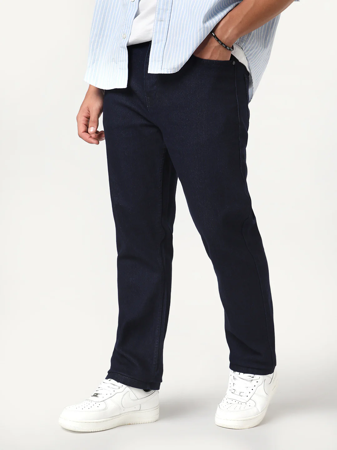 Men's Dark Blue Straight Fit Raw Washed Denim Jeans Stretchable - Image 2