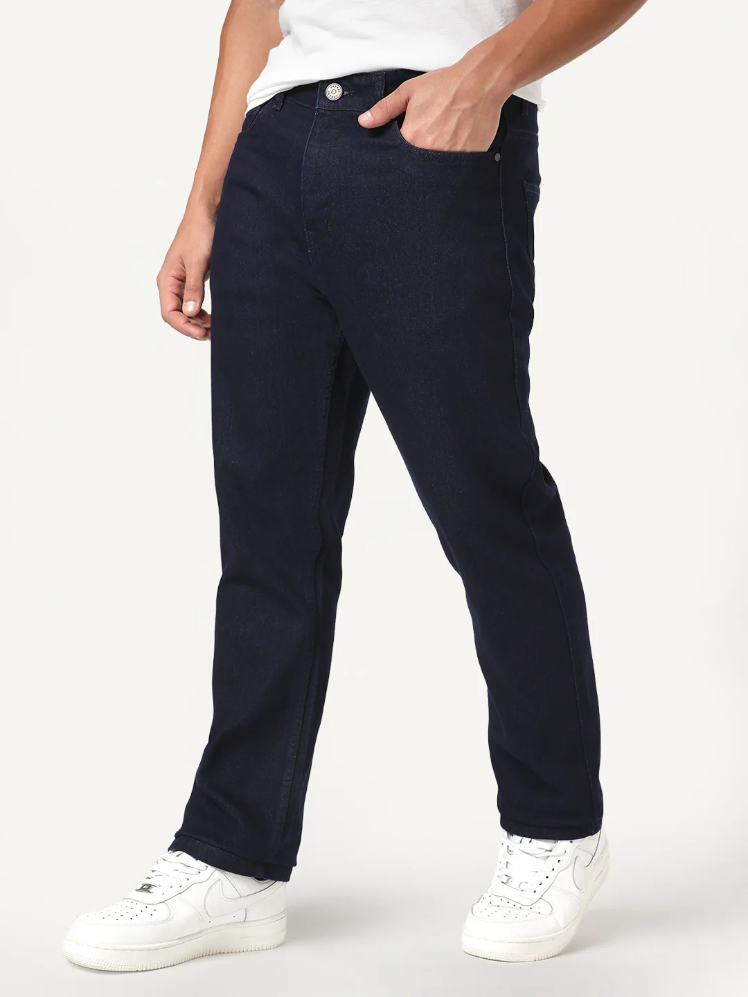 Men's Dark Blue Straight Fit Raw Washed Denim Jeans Stretchable - Image 3