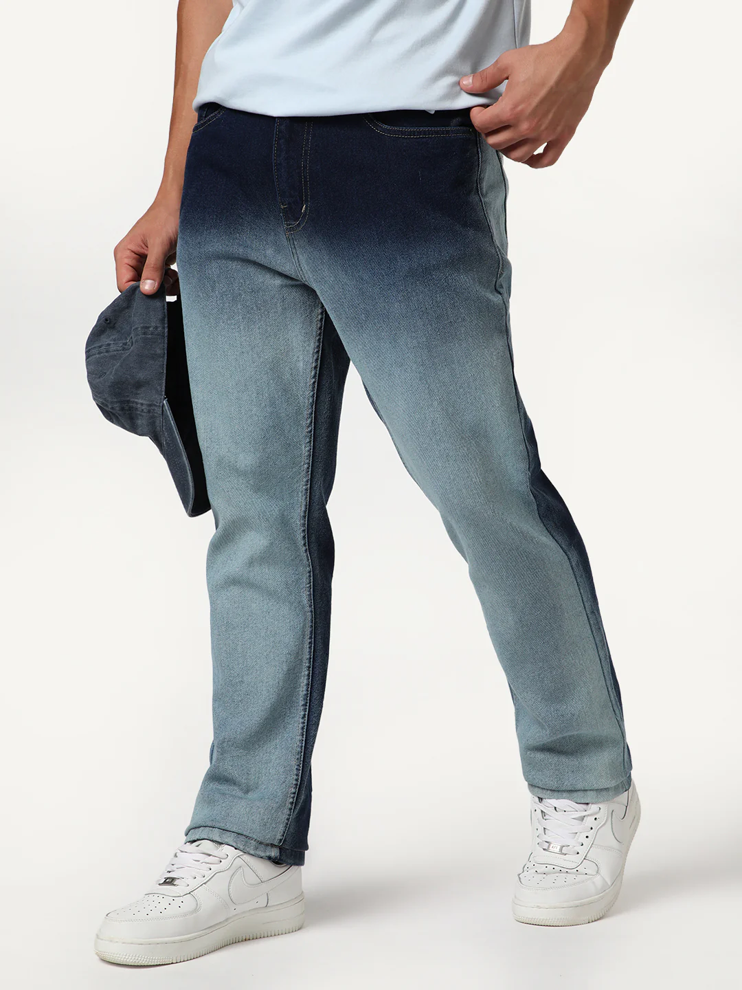 Men's Dark Blue Straight Fit Heavy Washed Faded Denim Jeans Stretchable