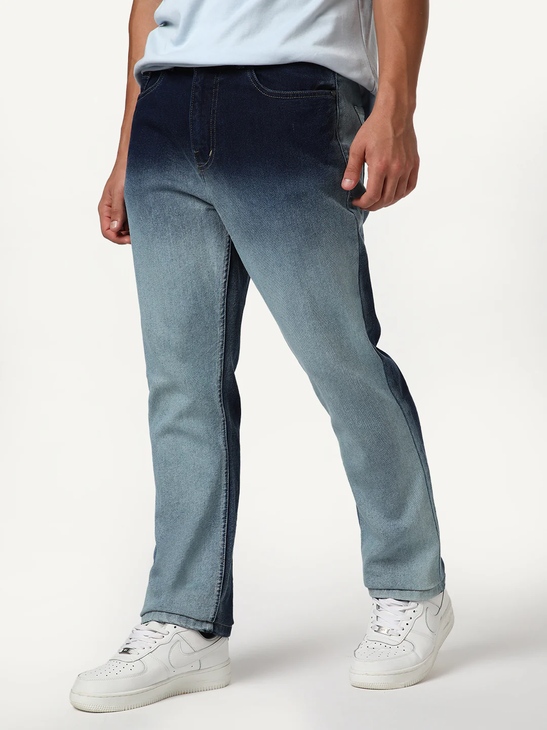 Men's Dark Blue Straight Fit Heavy Washed Faded Denim Jeans Stretchable - Image 2