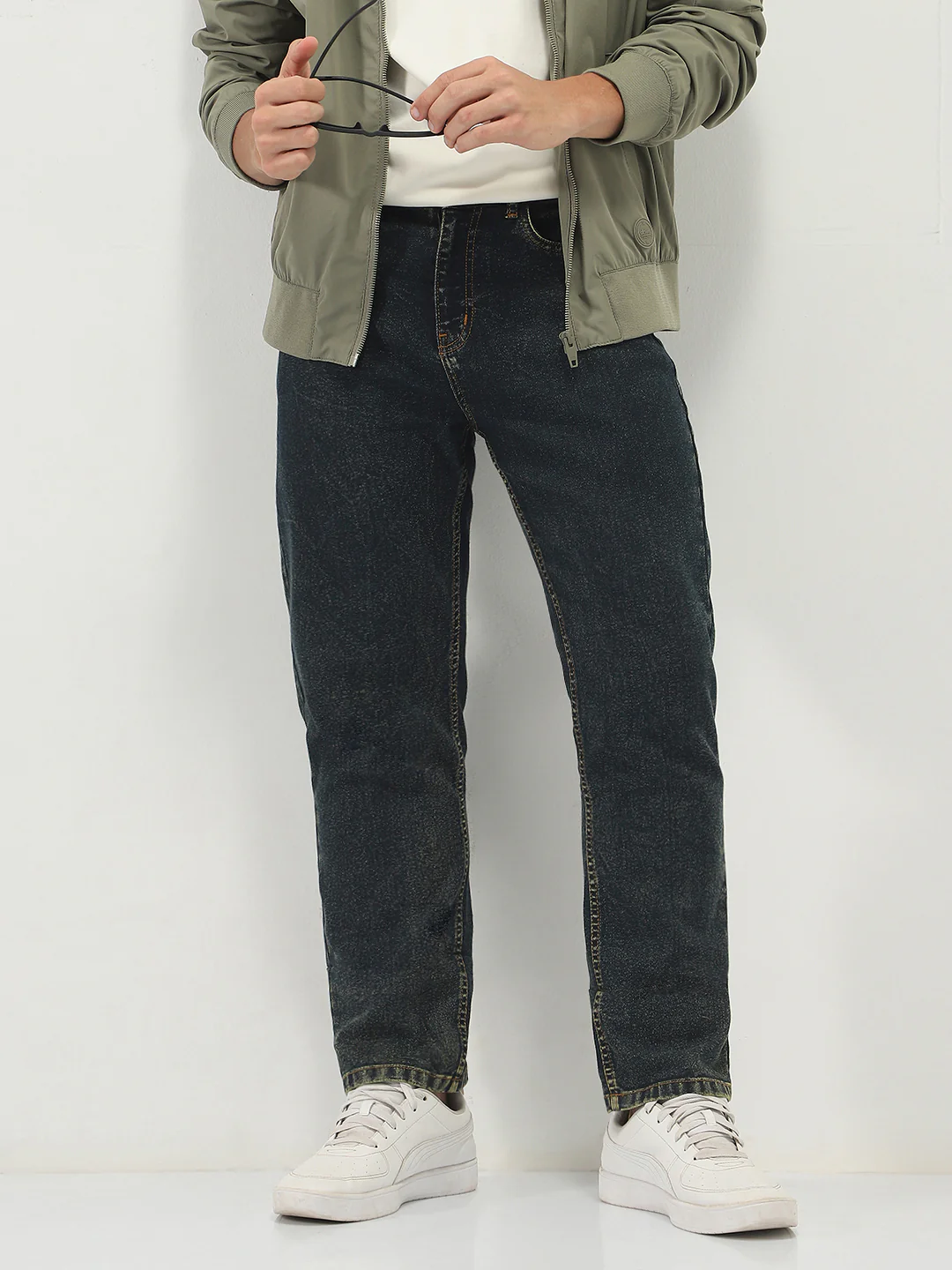 Men's Dark Blue Straight Fit Heavy Washed Jeans Stretchable