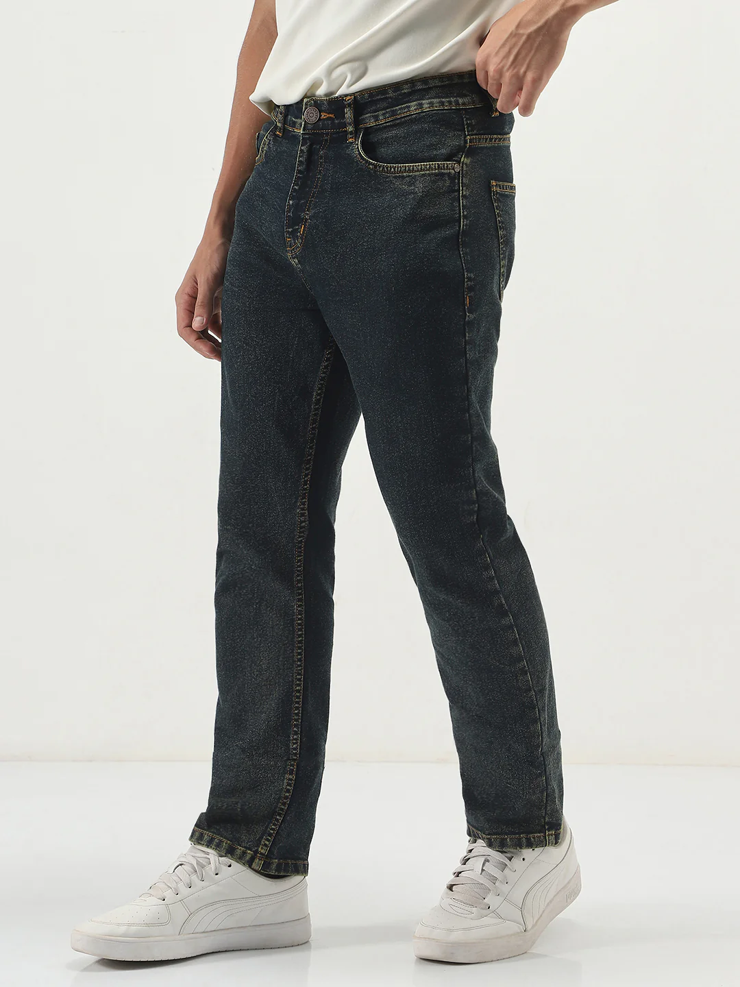 Men's Dark Blue Straight Fit Heavy Washed Jeans Stretchable - Image 2