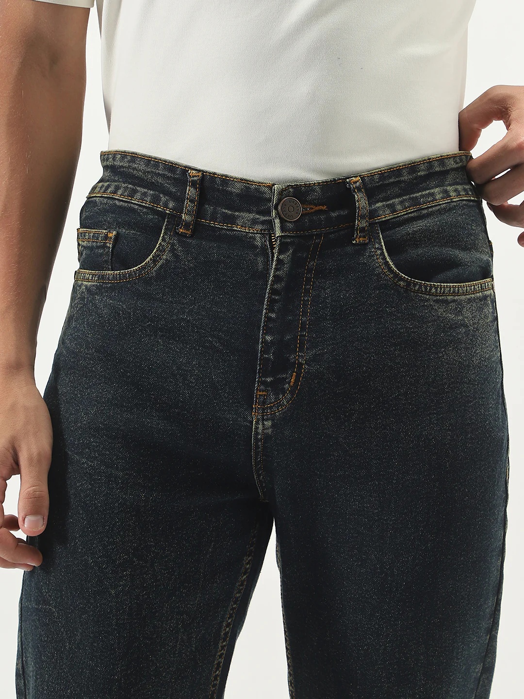Men's Dark Blue Straight Fit Heavy Washed Jeans Stretchable - Image 5